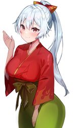  bad_id bad_twitter_id breasts cosplay fate/grand_order fate_(series) felnemo female flame_print green_hakama hair_between_eyes hakama highres japanese_clothes kimono large_breasts long_hair long_sleeves looking_at_viewer mash_kyrielight mash_kyrielight_(cosplay) mash_kyrielight_(enma-tei_uniform) mash_kyrielight_(enma-tei_uniform)_(cosplay) ponytail red_eyes red_kimono smile solo tomoe_gozen_(fate) white_hair wide_sleeves 