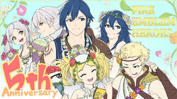  3boys 3girls :d anniversary armlet aunt_and_niece blonde_hair blue_eyes blue_hair bouquet brother_and_sister brown_eyes chrom_(fire_emblem) chrom_(valentine)_(fire_emblem) dress father_and_daughter fire_emblem fire_emblem_awakening fire_emblem_heroes flower flower_necklace hair_between_eyes hair_flower hair_ornament highres lissa_(fire_emblem) lissa_(valentine)_(fire_emblem) long_hair lucina_(fire_emblem) lucina_(valentine)_(fire_emblem) mother_and_son multiple_boys multiple_girls nezumida_yonekiti official_alternate_costume one_eye_closed owain_(fire_emblem) owain_(valentine)_(fire_emblem) robin_(female)_(fire_emblem) robin_(female)_(valentine)_(fire_emblem) robin_(fire_emblem) robin_(male)_(fire_emblem) robin_(male)_(valentine)_(fire_emblem) short_hair siblings sleeveless smile twintails uncle_and_nephew v white_hair 