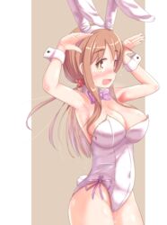  animal_ears armpits blush bow bowtie breasts brown_hair cleavage covered_navel dripping fake_animal_ears female hair_ornament hair_scrunchie highres large_breasts leotard long_hair matsumoto_yoriko open_mouth pink_bow pink_bowtie playboy_bunny rabbit_ears rabbit_pose scrunchie smile solo standing sweat white_leotard yuukin yuyushiki 