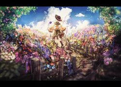  black_footwear black_hat blouse blue_flower boots cloud commentary day facing_away female fence field flower flower_field frilled_shirt_collar frilled_skirt frilled_sleeves frills from_behind green_skirt hat hat_ribbon heart heart_of_string highres komeiji_koishi lavender_(flower) letterboxed light_green_hair long_sleeves medium_hair orange_flower outdoors pink_flower pink_rose purple_flower ribbon rose shirt signature skirt sky solo third_eye tonan_(l0l0l0l0l0l) touhou white_flower wide_shot wide_sleeves yellow_ribbon yellow_shirt 