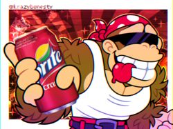  2019 abstract_background anthro ape bandana belt beverage big_teeth bodily_fluids border bottomwear brown_body brown_fur can chromatic_aberration close-up clothed clothing container donkey_kong_(series) drooling english_text eyewear fist funky_kong fur glasses gorilla haplorhine headgear holding_object humor kerchief looking_at_viewer male mammal manly meme multicolored_body muscular muscular_anthro muscular_male nintendo orange_background pants pecs primate raised_arm red_background red_tongue saliva shirt simple_background smile soda solo sprite_(soda) sprite_cranberry standing star superkrazybones tan_body tan_skin tank_top teeth text tongue tongue_out topwear white_border 