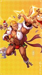  1boy abs artist_request bara bare_pectorals bell black_hair blonde_hair briefs bulge christmas cookie creature facial_hair fighting_stance food foreshortening forked_eyebrows frown fur-trimmed_legwear fur-trimmed_sleeves fur_trim goatee gyee harness hat highres jewelry jingle_bell large_pectorals long_sideburns male_focus male_underwear multicolored_hair muscular muscular_male navel necklace nipples official_alternate_costume official_art open_hand orange_eyes orange_hair pectorals pointy_ears raikoh_(paradiso_guardian) red_male_underwear revealing_clothes santa_hat short_hair sideburns solo stomach thick_eyebrows thick_thighs thighs underwear wrist_cuffs 