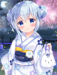  aerial_fireworks blue_eyes blue_flower blue_hair blurry blurry_background blush closed_mouth commentary_request depth_of_field double_bun female fence fireworks floral_print flower gochuumon_wa_usagi_desu_ka? hair_between_eyes hair_bun hair_flower hair_ornament hand_up holding japanese_clothes kafuu_chino kimono long_sleeves looking_at_viewer night night_sky obi outdoors photoshop_(medium) print_kimono rikatan sash sidelocks sky sleeves_past_wrists smile solo standing tippy_(gochiusa) upper_body white_flower white_kimono wide_sleeves x_hair_ornament 