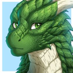  1:1 2021 blue_background digital_media_(artwork) dragon feral green_body green_eyes green_scales greeny_(odisaodi) headshot_portrait horn jay-kuro male mythological_creature mythological_scalie mythology portrait pupils scales scalie simple_background slit_pupils solo white_body white_horn white_scales 