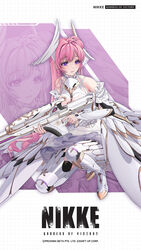  armor armored_dress bare_shoulders boots breasts copyright_name dorothy_(nikke) elbow_gloves female gloves goddess_of_victory:_nikke greaves grid_background gun highres holding holding_gun holding_weapon large_breasts long_hair nail_polish official_art on_one_knee pink_hair pink_nails purple_eyes second-party_source solo very_long_hair weapon yoya_yogurt zoom_layer 