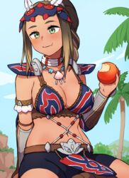  :t apple arm_at_side armlet armor blonde_hair bracer braid braided_ponytail breasts brown_hair chewing clam_shell closed_mouth day eating feathers female food food_bite fruit green_eyes hand_up high_ponytail holding holding_food holding_fruit jewelry kayna_(monster_hunter) korean_commentary kwaejina long_braid long_hair looking_at_viewer mask mask_on_head medium_breasts monster_hunter_(series) monster_hunter_stories_2 multicolored_hair navel neck_ring necklace no_tattoo outdoors paid_reward_available shell shell_necklace shorts shoulder_armor sitting solo stomach tan tooth_necklace two-tone_hair 