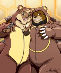  anthro bear blush brown_body brown_eyes brown_fur claws clothed clothing cosplay digital_media_(artwork) duo fangs fur generation_2_pokemon green_eyes hair hi_res kigurumi lagomorph lepidusdelsol_(character) leporid male male/male mammal mocha_latte_love neck_tuft nintendo onesie open_mouth overweight overweight_male pokemon pokemon_(species) rabbit shadesflame simple_background smile smiling_at_viewer teddiursa teeth tuft zipper 