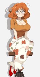  breasts brown_hair chocomiru cleavage collar curly_hair female floral_print glasses grey_eyes highres jewelry large_breasts long_skirt looking_at_viewer mathilde_(murgoten) medium_hair necklace original print_skirt red_footwear shadow sitting skirt smile solo 