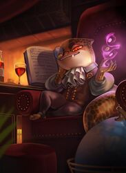  alcohol anthro beverage book bottomwear chair claws clothed clothing container cup detailed_background digital_media_(artwork) drinking_glass dungeons_and_dragons eyewear feet fingers footstool furniture glass glass_container glass_cup globe hasbro hazel_(ishton) hi_res inside ishton_(artist) kobold looking_at_viewer magic magic_user male monocle pants red_eyes scales shirt sitting smile snaggle_tooth solo toes topwear wine_bottle wine_glass wizards_of_the_coast 