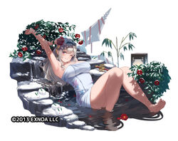  2013 ;) arm_behind_head armpits arms_up awakening_(sennen_sensou_aigis) barefoot black_hairband breasts bush chiyome_(sennen_sensou_aigis) cleavage closed_mouth commentary_request company_name dappled_sunlight dot_nose female flower grey_hair hair_between_eyes hair_ornament hairband head_tilt knees_together_feet_apart knees_up lantern large_breasts leaning_back light_blush long_hair looking_at_viewer naked_towel official_art one_eye_closed partially_submerged plant purple_eyes red_flower red_ribbon ribbon rock satsuki_neko sennen_sensou_aigis shuriken sidelocks sitting smile snow snow_rabbit solo sunlight sword_hilt toes towel water water_spring weapon 