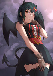  black_dress black_gloves black_hairband black_thighhighs dark_green_hair demon_girl demon_horns demon_tail demon_wings dress fake_horns female gloves hairband highres horns love_live! love_live!_nijigasaki_high_school_idol_club mifune_shioriko morita49c orange_eyes polka_dot_gloves see-through see-through_gloves short_hair solo standing tail thighhighs wings zettai_ryouiki 