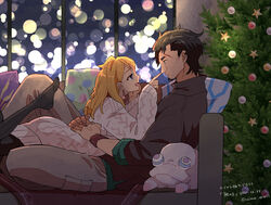  1boy artist_name bad_id bad_pixiv_id black_hair black_pantyhose blonde_hair braid christmas_tree closed_mouth commentary_request couch dated decadence_(anime) earrings eye_contact female from_side highres hug indoors jewelry kaburagi_(decadence) looking_at_another lying natsume_(decadence) on_couch on_stomach open_mouth ornament pantyhose pillow pipe_(decadence) profile red_wristband salmon_aburi1 scar sitting smile straight sweater throw_pillow translation_request twitter_username window wristband 