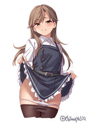  arashio_(kancolle) arashio_kai_ni_(kancolle) black_pantyhose brown_eyes brown_hair clothes_lift clothes_pull commentary_request cowboy_shot cropped_legs dress ebifurya female frilled_dress frills highres kantai_collection long_hair long_sleeves one-hour_drawing_challenge panties panty_pull pantyhose pantyhose_pull pinafore_dress shirt simple_background skirt skirt_lift sleeveless sleeveless_dress solo twitter_username underwear white_background white_panties white_shirt 