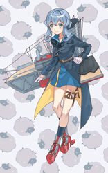  animal_background black_neckwear blue_eyes blue_hair blue_sailor_collar blue_skirt commentary_request commission female full_body gloves gotland_(kancolle) grey_background hair_bun half_gloves kantai_collection long_hair machinery military military_uniform mitsuyo_(mituyo324) mole mole_under_eye neckerchief rudder_footwear sailor_collar single_hair_bun skirt socks solo thigh_strap uniform white_gloves 