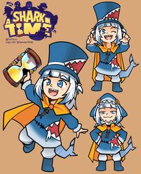  :3 :d ;d a_hat_in_time adapted_costume beige_background blue_eyes blue_hair blunt_bangs cape dudul female fins fish_tail gawr_gura gawr_gura_(1st_costume) grey_hair hands_on_own_hips hat highres hololive hololive_english hood hood_up hourglass logo_parody looking_at_viewer multicolored_hair multiple_views one_eye_closed open_mouth shark_girl shark_tail sharp_teeth simple_background smile smug streaked_hair tail teeth top_hat two-tone_hair two_side_up virtual_youtuber yellow_cape 