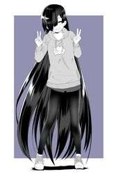  absurdres casual closed_eyes double_v eyepatch fate/grand_order fate_(series) female greyscale_with_colored_background highres hood hoodie long_hair mochizuki_chiyome_(fate) monochrome pantyhose purple_background shorts smile tanuki_(siutkm0228) v very_long_hair 