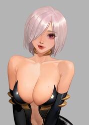  bare_shoulders black_sleeves breasts cleavage collarbone commentary commission detached_sleeves eyes_visible_through_hair female grey_background grey_hair hair_over_one_eye highres hongcasso large_breasts mole mole_on_breast open_mouth original red_eyes shiny_clothes short_hair simple_background smile solo upper_body v_arms 