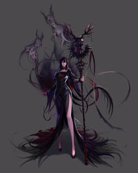  absurdres asymmetrical_sleeves bare_legs black_dress black_hair dress dungeon_and_fighter female full_body high_heels highres holding holding_staff keto_cactus legs long_hair long_sleeves official_art parted_lips purple_eyes skirt_cutout smoke solo staff teeth zealous_dieuleve 