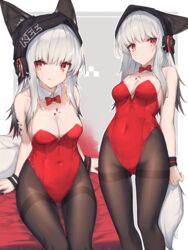  absurdres animal_ears arknights ass_visible_through_thighs bare_shoulders bed_sheet black_headwear black_legwear bow bowtie breasts cleavage collarbone covered_navel detached_collar female fox_ears fox_tail frostleaf_(arknights) headphones highres leotard long_hair looking_at_viewer material_growth medium_breasts multiple_views nontraditional_playboy_bunny on_bed oripathy_lesion_(arknights) pantyhose playboy_bunny red_bow red_bowtie red_eyes red_leotard sitting standing strapless strapless_leotard sweatdrop tail white_hair wristband yki 