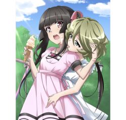  2girls artist_request bad_source black_hair blonde_hair blue_eyes blush breasts collarbone dress elfnein food hair_ribbon ice_cream licking licking_another&#039;s_cheek licking_another&#039;s_face long_hair looking_at_another multiple_girls official_art open_mouth outdoors pink_dress pink_eyes ribbon senki_zesshou_symphogear senki_zesshou_symphogear_xd_unlimited short_hair small_breasts teeth tongue tongue_out tsukuyomi_shirabe twintails upper_teeth_only white_dress yuri 