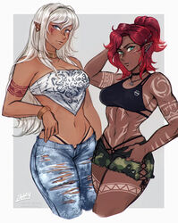  2girls abs alma_(iahfy) artist_name bare_shoulders breasts choker cleavage commentary cowboy_shot dark-skinned_female dark_elf dark_skin denim earrings elf english_commentary fang_out female_orc green_eyes grey_eyes iahfy jeans jewelry medium_breasts midriff multiple_girls navel necklace oerba_yun_fang orc original pants patreon_username pointy_ears red_hair shorts sleeveless standing torn_clothes torn_legwear twitter_username vira_(iahfy) watermark white_hair 