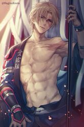  1boy abs arm_up blurry blurry_background brown_gloves brown_hair closed_mouth commentary depth_of_field gloves green_eyes hagino_kouta half-closed_eyes highres holding looking_at_viewer male_focus navel no_nipples open_clothes parted_bangs scar scar_across_eye scar_on_chest scar_on_stomach single_bare_shoulder solo someki_ainosuke sweat tokyo_necro_suicide_mission toned toned_male twitter_username v-shaped_eyebrows vambraces 