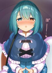  :o blue_capelet blue_eyes blue_hair blue_skirt blurry blush capelet center_frills chestnut_mouth commentary_request depth_of_field female fisheye frills grey_background hair_between_eyes heart heart-shaped_pupils heterochromia high-waist_skirt highres karakasa_obake looking_at_viewer nose_blush piyodesu purple_umbrella red_eyes shirt short_hair simple_background skirt solo steepled_fingers symbol-shaped_pupils tatara_kogasa touhou umbrella upper_body white_shirt 