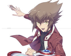  1boy brown_eyes brown_hair card character_name deck_of_cards duel_disk fingernails grey_background holding holding_card jacket male_focus open_clothes open_jacket open_mouth red_jacket simple_background smile solo talgi teeth tongue yu-gi-oh! yu-gi-oh!_gx yuki_judai 