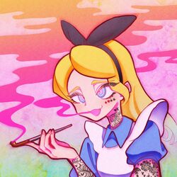  :d alice_(alice_in_wonderland) alice_in_wonderland alison_(alison_airlines) apron black_hairband blonde_hair blue_dress collared_dress dress female hairband hand_up highres long_hair open_mouth puffy_short_sleeves puffy_sleeves short_sleeves smile smoke smoking smoking_pipe solo tattoo upper_body white_apron 