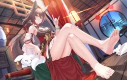  absurdres animal animal_ears armpits bare_legs bare_shoulders barefoot black_dress breasts brown_hair crossed_legs detached_sleeves dress dutch_angle feet female fox fox_ears fox_shadow_puppet fox_tail gradient_hair green_eyes highres honkai:_star_rail honkai_(series) indoors large_breasts legs long_hair looking_at_viewer mirufuaa multicolored_hair ponytail sitting sleeveless sleeveless_dress smile soles solo tail thighs tingyun_(honkai:_star_rail) toenails toes wide_sleeves 