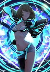  absurdres aqua_belt aqua_gloves aqua_jacket aquarius_(symbol) asymmetrical_legwear bikini bikini_top_only bikini_under_clothes black_choker breasts choker cleavage collarbone dance_on_the_galaxy_(idolmaster) dog_tags female gloves glowing_clothes gradient_legwear green_hair highres idolmaster idolmaster_cinderella_girls idolmaster_starlit_season jacket medium_breasts mole mole_under_eye multicolored_clothes multicolored_jacket nakata_(nkt_vvd) navel no_shirt open_clothes open_jacket short_hair short_shorts shorts single_bare_leg single_leg_pantyhose solo swimsuit takagaki_kaede thighs two-tone_bra two-tone_gloves two-tone_jacket white_shorts zodiac 