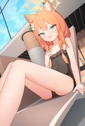  :d absurdres animal_ear_fluff animal_ears arm_support bad_id bad_pixiv_id black_one-piece_swimsuit blue_archive blue_eyes blue_sky blurry blurry_background blush braid casual_one-piece_swimsuit chair cloud collarbone commentary day depth_of_field doribae dutch_angle embarrassed feet_out_of_frame female flat_chest flower foreshortening fox_ears fox_girl frilled_one-piece_swimsuit frills from_side hair_flower hair_ornament hair_over_shoulder hair_tubes halo hand_on_own_chest highres indoors knees_up leaf_hair_ornament legs long_hair looking_at_viewer lounge_chair low_twin_braids mari_(blue_archive) mari_(swimsuit)_(blue_archive) official_alternate_costume on_chair one-piece_swimsuit open_mouth orange_hair raised_eyebrows sidelocks sitting sky smile solo sweat swimsuit twin_braids white_flower window yellow_halo 