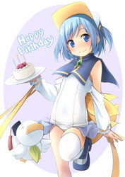  ah-kun animal bird birthday_cake blue_eyes blue_footwear blue_hair blush cake candle closed_mouth commentary_request detached_sleeves duck feet_out_of_frame female fire food happy_birthday highres holding holding_plate long_sleeves looking_at_viewer moetan old_school_swimsuit one-piece_swimsuit pastel_ink plate puffy_long_sleeves puffy_sleeves purple_background school_swimsuit shibacha shoes single_thighhigh smile standing standing_on_one_leg swimsuit thighhighs two-tone_background two_side_up visor_cap white_background white_headwear white_legwear white_one-piece_swimsuit white_sleeves 