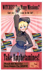  absurdres alison_(alison_airlines) arm_up blonde_hair blush brown_coat coat collared_coat cowboy_shot english_text erica_hartmann female highres long_sleeves looking_at_viewer open_mouth pants pervitin shadow short_hair smile solo strike_witches white_pants world_witches_series 