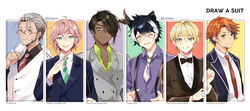  6+boys :d absurdres adjusting_clothes adjusting_necktie ahoge alternate_costume animal_ears aragami_oga arurandeisu beard black_hair black_shirt blazer blonde_hair blue_eyes blue_jacket blush bow bowtie brown_jacket buttons coll_(erichankun) collared_shirt column_lineup commentary crossed_bangs curtained_hair dark-skinned_male dark_skin dated_commentary double-breasted dress_shirt earrings english_text eyepatch facial_hair fangs formal glasses green_eyes green_necktie green_shirt grey_eyes grey_hair grey_jacket hair_between_eyes hair_slicked_back heterochromia highres holostars horns jackal_ears jacket jacket_over_shoulder jewelry kageyama_shien kishido_temma looking_at_viewer male_focus mature_male mole mole_under_eye multicolored_hair multiple_boys necktie one_eye_closed open_collar orange_eyes orange_hair outside_border pink_hair purple_eyes purple_shirt red-framed_eyewear red_necktie rikka_(holostars) shirt short_hair single_earring single_horn smile streaked_hair striped_clothes striped_shirt striped_suit suit suspenders suspenders_pull teeth traditional_bowtie twitter_username two-tone_hair unworn_jacket upper_body upper_teeth_only vest virtual_youtuber waistcoat white_hair white_necktie white_shirt white_vest wing_collar yellow_eyes yukoku_roberu 