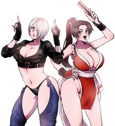  2girls angel_(kof) arm_guards arm_up backless_pants black_gloves blue_eyes bra breasts brown_eyes brown_hair chaps cleavage collarbone commentary_request crop_top cropped_jacket fatal_fury fingerless_gloves folded_fan folding_fan gloves hair_over_one_eye hand_fan hand_on_own_hip hands_up hasuda_kunkun high_ponytail holding holding_fan horns_pose index_fingers_raised jacket japanese_clothes large_breasts leather leather_jacket long_hair looking_at_viewer midriff multiple_girls navel ninja one_eye_covered panties pants pelvic_curtain ponytail revealing_clothes rope shiranui_mai short_hair side-by-side simple_background smile snk standing strapless strapless_bra the_king_of_fighters the_king_of_fighters_xiv toned underwear white_background white_hair 