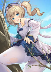  :d barbara_(genshin_impact) bare_shoulders blonde_hair blue_eyes blue_sky blush branch climbing_tree clothes_lift drill_hair female genshin_impact hat highres kageira lifting_own_clothes looking_at_viewer open_mouth outdoors pantyhose skirt skirt_lift sky smile solo tears torn_clothes torn_pantyhose twin_drills twintails white_pantyhose 