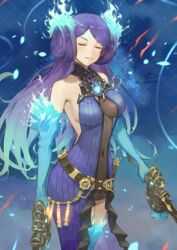  blue_fire breasts brighid_(xenoblade) center_opening closed_eyes collarbone commentary_request curvy dress elbow_gloves fadingz female fiery_hair fire gloves hat highres large_breasts long_hair looking_at_viewer purple_dress purple_eyes purple_hair simple_background smile solo thighhighs very_long_hair weapon whip_sword xenoblade_chronicles_(series) xenoblade_chronicles_2 