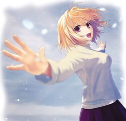  :d arcueid_brunestud blonde_hair breasts female floating_hair hair_intakes kurono_mitsuki long_sleeves medium_breasts open_mouth outstretched_arms purple_eyes purple_skirt shirt skirt smile solo standing tsukihime white_shirt 