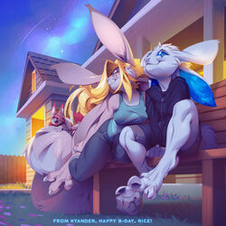  1:1 2021 3_toes anthro barefoot blonde_hair breasts claws clothed clothing curling_toes detailed_background digital_media_(artwork) digitigrade feet female femboy fur group hair kyander lagomorph leporid male mammal night outside rabbit sky smile spread_toes star starry_sky toes trio white_body white_fur 