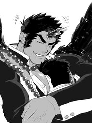  2boys bara bead_necklace beads between_pectorals feathered_wings fiery_horns fle0423 greyscale head_between_pecs highres horns hug jewelry large_pectorals long_sideburns male_focus mature_male monochrome multiple_boys muscular muscular_male necklace pectoral_cleavage pectorals protagonist_3_(housamo) sanat_kumara_(housamo) short_hair sideburns single_horn smile smirk thick_eyebrows tokyo_afterschool_summoners upper_body wings yaoi 