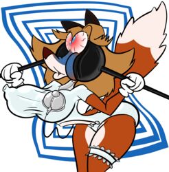  4_fingers anthro blue_eyes breasts brown_hair canid canine clothing digital_media_(artwork) female fingers fox gloves hair handwear hi_res holding_object holding_plunger mammal nipple_outline plunger raised_tail shocked simple_background solo tail toonvasion toony white_background white_clothing white_gloves white_handwear 