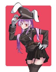  absurdres alison_(alison_airlines) animal_ears black_necktie black_skirt black_thighhighs collared_shirt commentary cowboy_shot female garter_straps gloves hand_on_headwear hand_on_own_hip hat highres long_hair long_sleeves looking_at_viewer military military_uniform necktie peaked_cap pink_hair pleated_skirt rabbit_ears red_background red_eyes reisen_udongein_inaba shirt simple_background skirt smile solo thighhighs touhou uniform white_gloves 