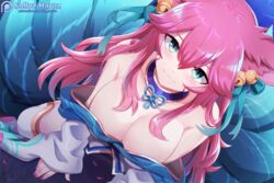  ahri_(league_of_legends) animal_ears animated animated aqua_eyes armpit_crease artist_name bare_shoulders bell blue_neckwear blue_ribbon blurry blush breasts cleavage commentary english_commentary female fox_ears fox_tail hair_bell hair_between_eyes hair_ornament jewelry jingle_bell league_of_legends live2d long_hair looking_at_viewer low_neckline multiple_tails paid_reward_available patreon_logo patreon_username pink_hair ribbon sollyz solo spirit_blossom_(league_of_legends) spirit_blossom_ahri tail watermark web_address 