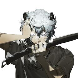  1boy absurdres animal_ears arknights bad_id bad_twitter_id bandaid bandaid_on_hand bear_ears covered_mouth grey_eyes grey_hair grey_shirt hand_on_own_head hands_up highres holding holding_knife inactive_account jaye_(arknights) knife looking_at_viewer male_focus quirrel_(gharnedanshyo) shirt short_hair short_sleeves simple_background solo t-shirt upper_body white_background 