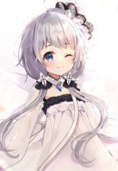  ;) ahoge azur_lane bad_id bad_pixiv_id blue_eyes blush closed_mouth collarbone commentary_request dress female grey_hair katsushika_pachi little_illustrious_(azur_lane) long_hair long_sleeves low_twintails one_eye_closed puffy_short_sleeves puffy_sleeves see-through see-through_sleeves short_sleeves smile solo tilted_headwear twintails very_long_hair white_dress white_headwear 