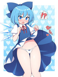  !? blue_background blue_bow blue_dress blue_eyes blush bow cameltoe cirno clothes_lift dress dress_lift female hairbow heart heart_background highres ice ice_wings navel open_mouth panties puffy_short_sleeves puffy_sleeves rizento short_hair short_sleeves thigh_gap touhou underwear white_panties wings 