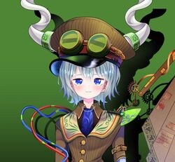  absurdres alison_(alison_airlines) asakusa_karina blue_eyes blue_neckwear blush brown_hat commentary_request female goggles goggles_on_head gradient_background green_background grey_hair hat highres horns indie_virtual_youtuber looking_at_viewer shadow short_hair smile solo tailcoat upper_body virtual_youtuber 