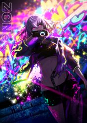  absurdres bad_id bad_pixiv_id berryverrine black_shorts breasts can clothes_writing dark-skinned_female dark_skin dive_to_zone energy_drink female fishnets graffiti hair_between_eyes highres holding holding_can jacket midriff navel paint_splatter pixiv purple_eyes purple_jacket short_hair shorts solo white_hair zone_(energy_drink) 