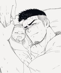  1other 2boys baby bara crying eyebrow_cut facial_hair fle0423 from_above goatee graphite_(medium) greyscale highres holding_hands implied_male_pregnancy implied_pregnancy long_sideburns lying male_focus male_pregnancy mature_male monochrome multiple_boys multiple_others muscular muscular_male oerba_yun_fang on_side original pectoral_cleavage pectorals short_hair sideburns solo_focus sweat thick_eyebrows traditional_media undercut yaoi 